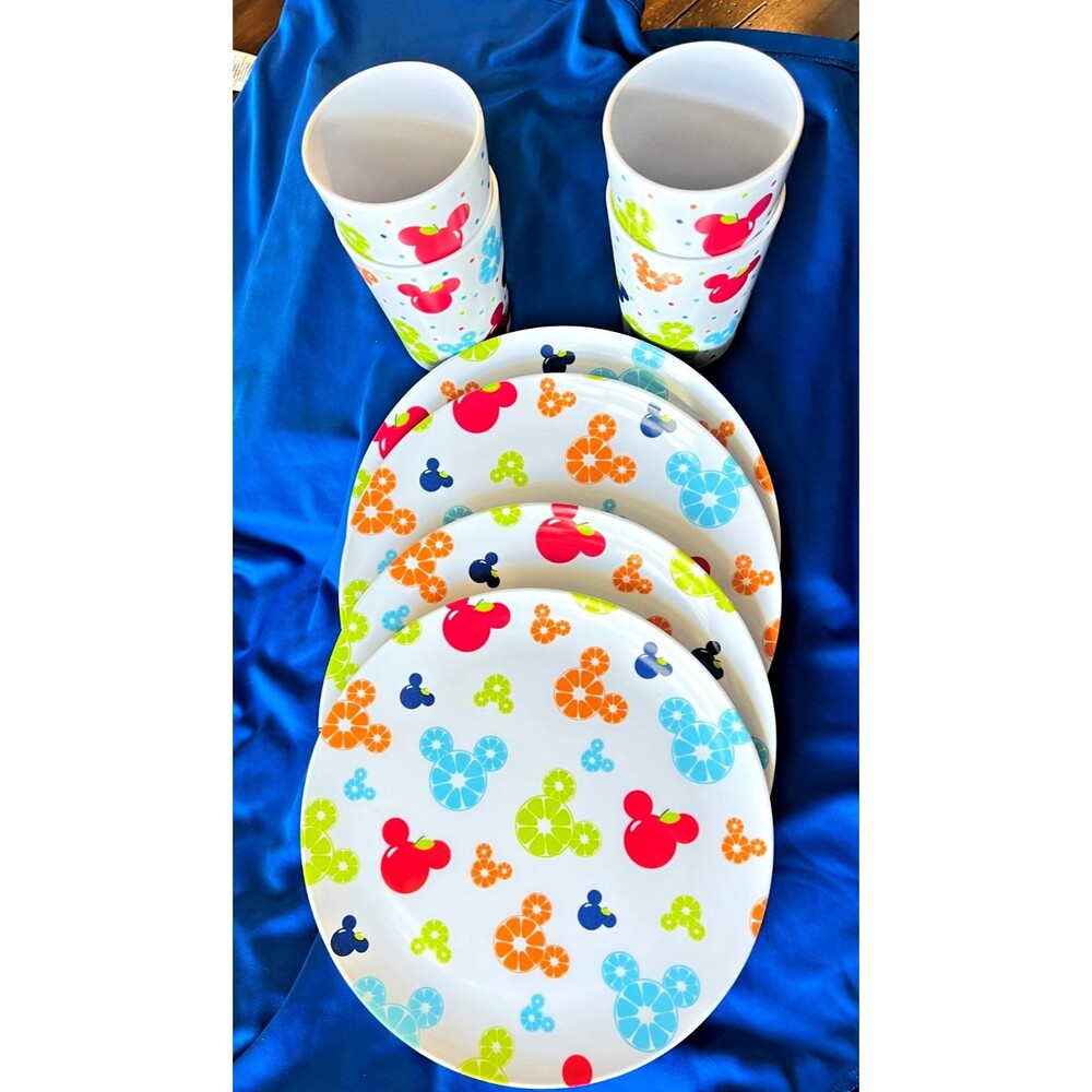 Disney Mickey Mouse Summer Fruit Melamine Dinnerware 4 Plates 4 Cups Pristine